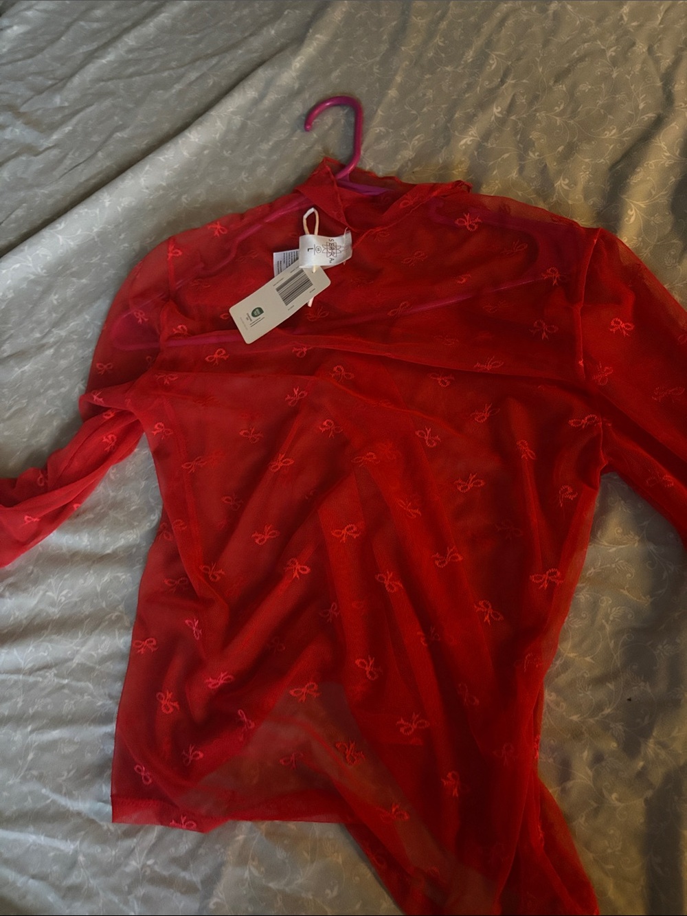 Serra Sheer Red Bow-Embroidered Mock Neck Tunic
